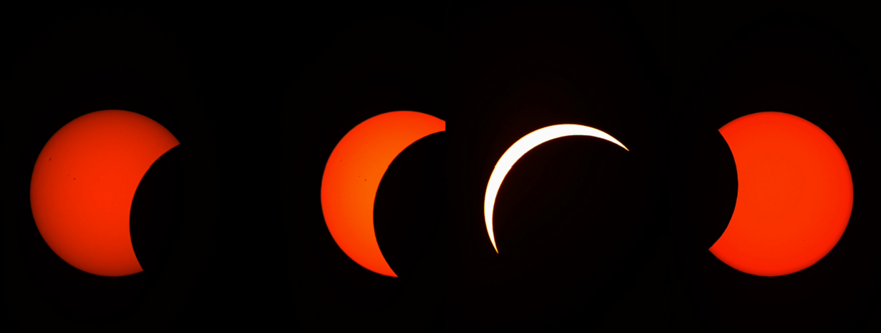 Quatre étapes de l’éclipse solaire partielle du 12 août 2026 enregistrées avec un Seestar S50 depuis North Hill